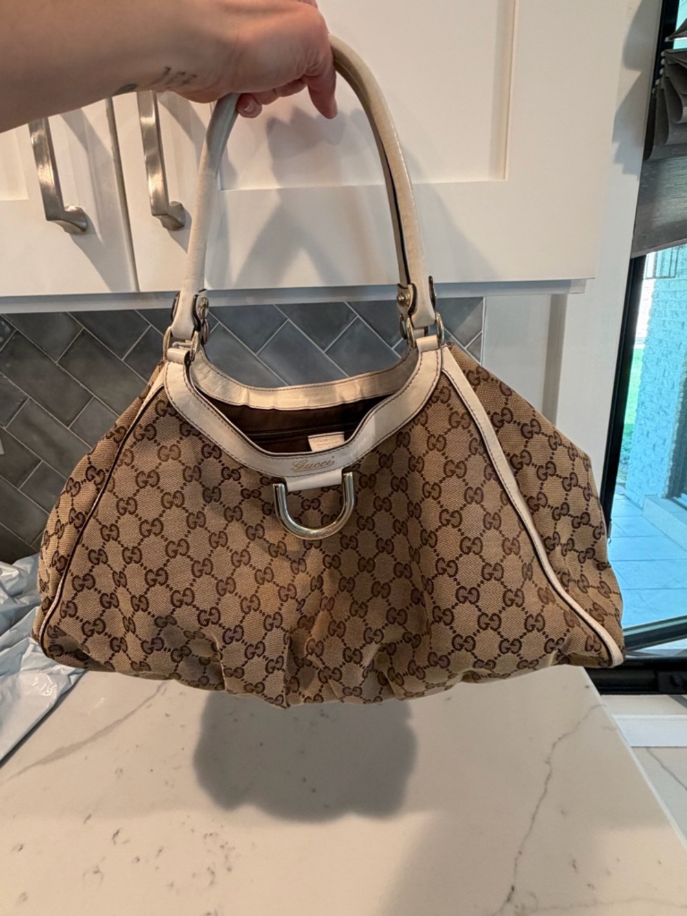 Gucci Beige GG Canvas Shoulder Bag with White Trim
